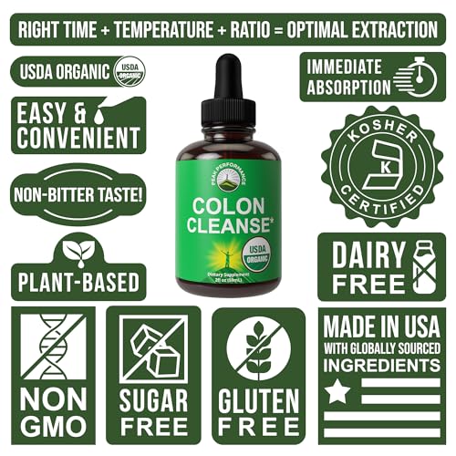 USDA Organic Colon Cleanse Liquid Drops. Vegan, Kosher Colon Cleanser & Detox Supplement Peak Performance