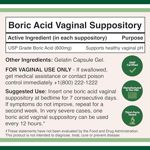 Boric Acid Vaginal Suppositories (600mg, 60 Count) Supports Vaginal pH Balance, Odor Control Double Wood Supplements