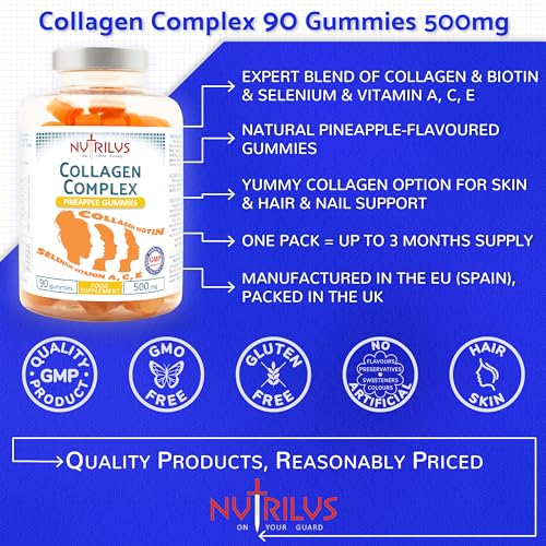 Collagen Complex 90 Natural Pineapple Gummies 500mg - Large Pack - with Biotin & Selenium Nutrilus