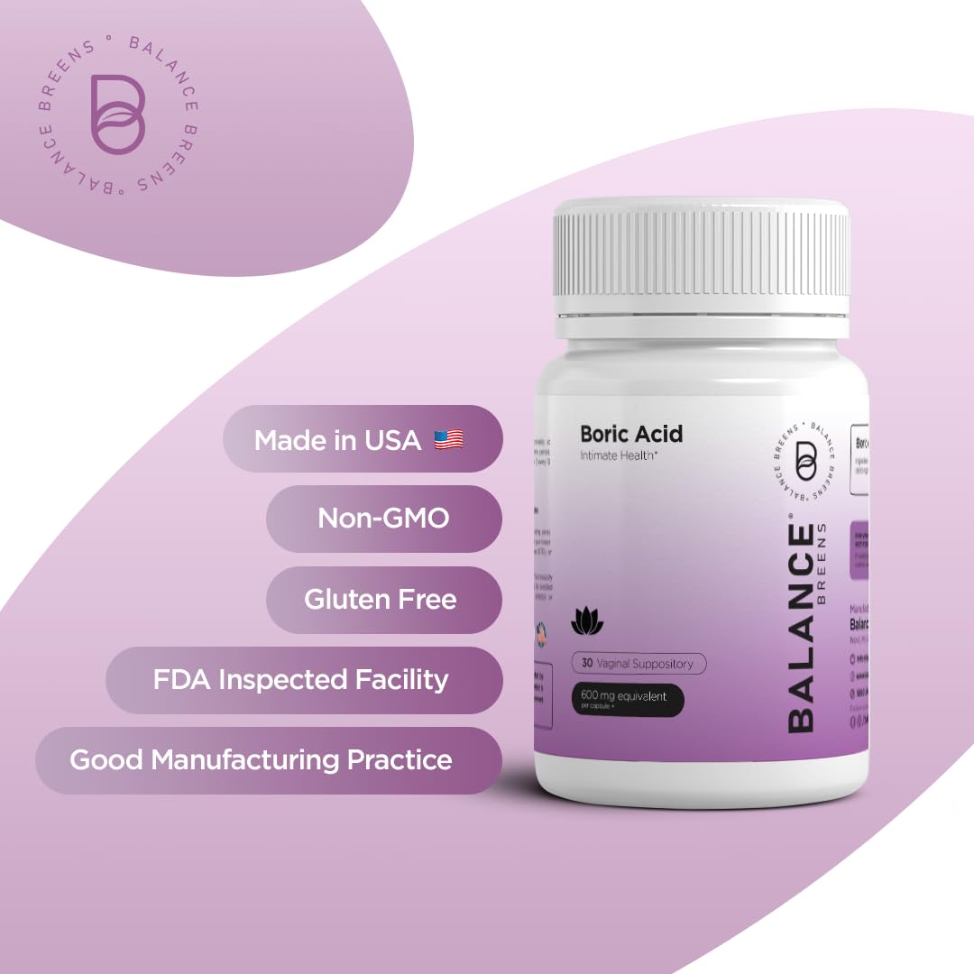 Boric Acid Suppositories for Women 600 mg - 30 Vaginal Use Capsules - ph Balance Pills, Odor Control Balancebreens
