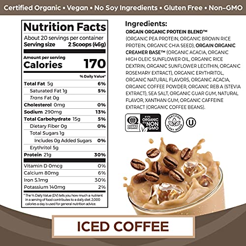 Orgain Organic Vegan Protein Powder, Iced Coffee - 21g Plant Based Protein, Gluten Free Orgain