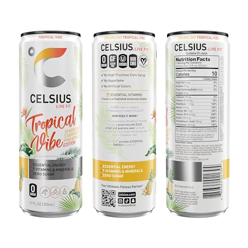 CELSIUS Sparkling Tropical Vibe, Functional Essential Energy Drink 12 Fl Oz (Pack of 12) CELSIUS