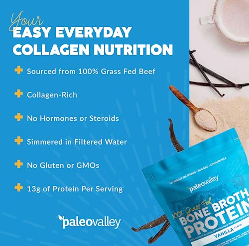 Paleovalley 100% Grass Fed Bone Broth Protein Powder - Vanilla - Rich in Collagen for Hair Paleovalley