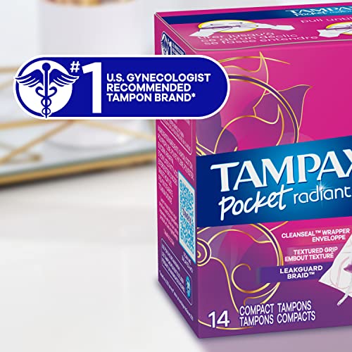 Tampax Pocket Radiant Compact Plastic Tampons, With LeakGuard Braid, Regular Absorbency Tampax