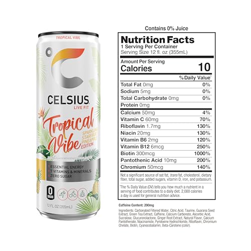 CELSIUS Sparkling Tropical Vibe, Functional Essential Energy Drink 12 Fl Oz (Pack of 12) CELSIUS