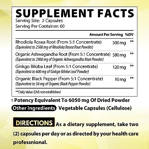 6050mg Rhodiola Rosea Supplement with Ashwagandha Root, Ginkgo Biloba & Black Pepper Satoomi