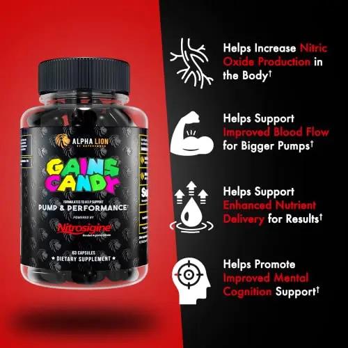 ALPHA LION Gains Candy, Supplement Pills for Muscle Pump & Blood Flow, Nitric Oxide ALPHA LION