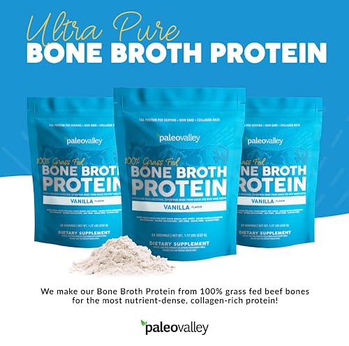 Paleovalley 100% Grass Fed Bone Broth Protein Powder - Vanilla - Rich in Collagen for Hair Paleovalley