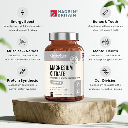 Magnesium Citrate - 1480mg High Strength - 240 Capsules (4 Month Supply) - Vegan VitaBright