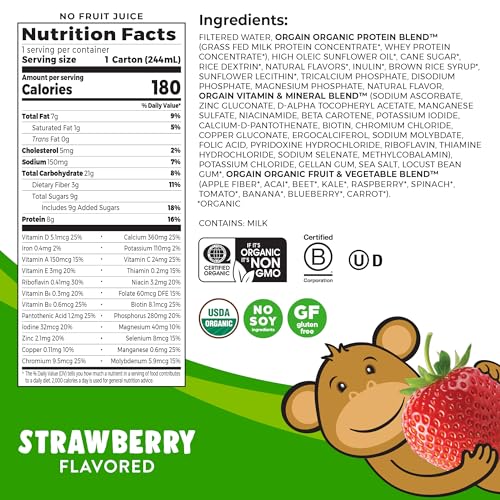 Orgain Organic Kids Nutritional Protein Shake, Strawberry - Kids Snacks with 8g Dairy Orgain