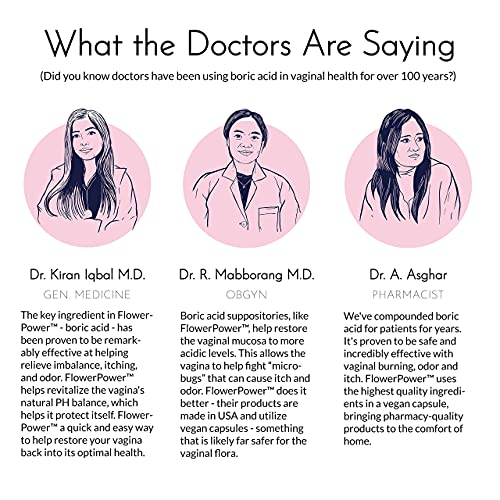 Flower Power Vegan Boric Acid Suppositories - 30 Capsules - 600mg for Vaginal Odor and pH Balance Flower Power