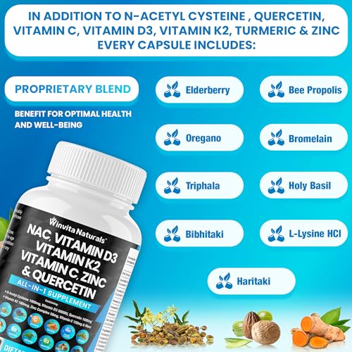 NAC Supplement N-Acetyl Cysteine 1000mg Vitamin C Vitamin D3 K2, Zinc, Turmeric Curcumin Winvita Naturals