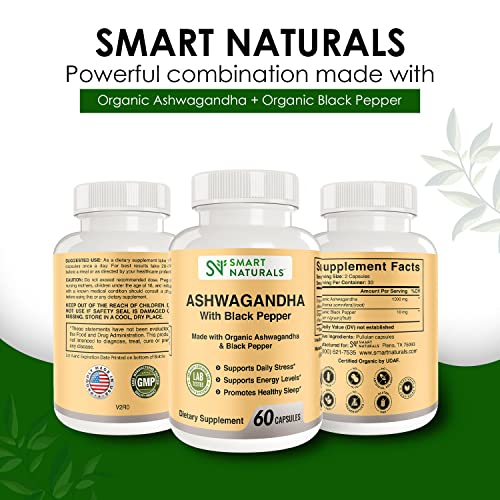 Smart Naturals Organic Ashwagandha with Black Pepper Herbal Supplements, Relieves Smart Naturals