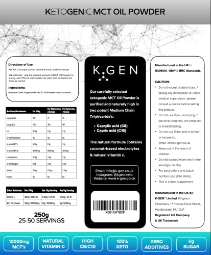 Keto MCT Oil Powder Pure Coconut MCT Keto Coffee Creamer | Premium Quality C8 Easily Absorbed & Digested - Ideal for Paleo & Vegan Diets K GEN ketogenic enhancement