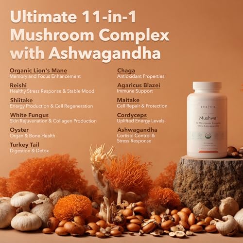 USDA Organic Lions Mane Supplement Capsules with Ashwagandha, Chaga, Reishi, Cordyceps Etta Vita