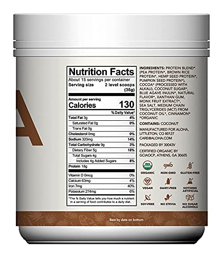 ALOHA Organic Plant Based Protein Powder, Stevia Free, Chocolate, 19.6 oz, 15 Servings ALOHA