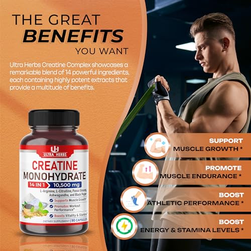 Ultra Creatine Pills Muscle Growth 9800mg Creatine Monohydrate Capsules w Ginseng