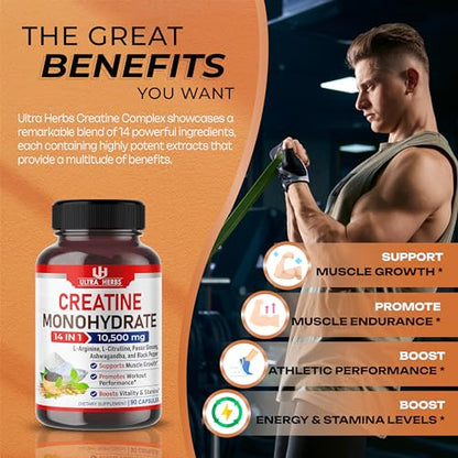Ultra Creatine Pills Muscle Growth 9800mg Creatine Monohydrate Capsules w Ginseng