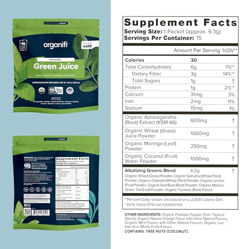 Organifi: GO Packs - Green Juice - Organic Superfood Supplement Powder - 15 Servings Organifi
