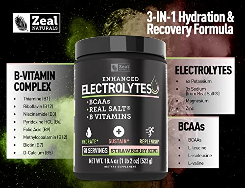 Enhanced Electrolyte Powder (Strawberry Kiwi | 90ct.) Sugar Free + BCAA, B-Vitamins Zeal Naturals