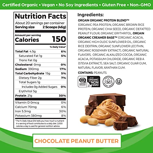 Orgain Organic Vegan Protein Powder, Chocolate Peanut Butter - 21g of Plant Based Protein Orgain