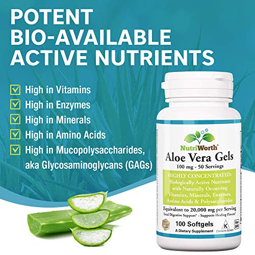 NutriWorth Aloe Vera Supplement (100 Softgels) 20,000mg Pure Gel Equivalency NutriWorth