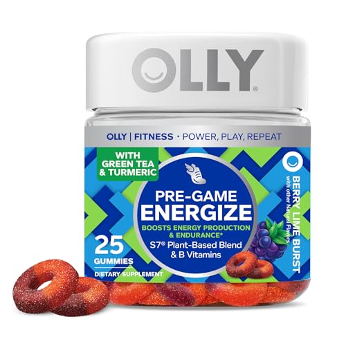 OLLY Pre-Game Energize Workout Gummy Rings, S7 Plant-Based Blend, B Vitamins, Berry