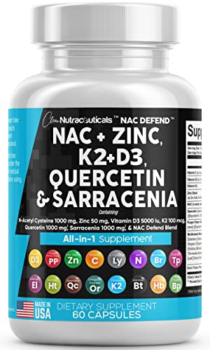 NAC Supplement N-Acetyl Cysteine 1000mg Vitamin D3 K2 Zinc Quercetin