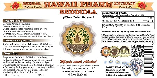 HawaiiPharm Rhodiola Liquid Extract, Organic Rhodiola (Rhodiola Rosea) Tincture 4 oz HawaiiPharm