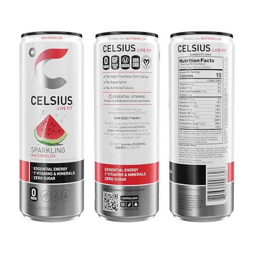 CELSIUS Sparkling Watermelon, Functional Essential Energy Drink 12 Fl Oz (Pack of 12) CELSIUS