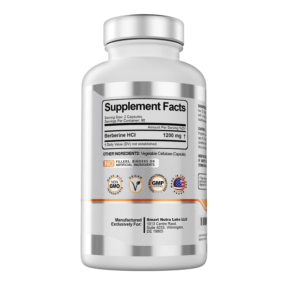 Smart Nutra Labs Premium Berberine HCL 1200mg- 180 Vegan Capsules, 100% Pure Smart Nutra Labs