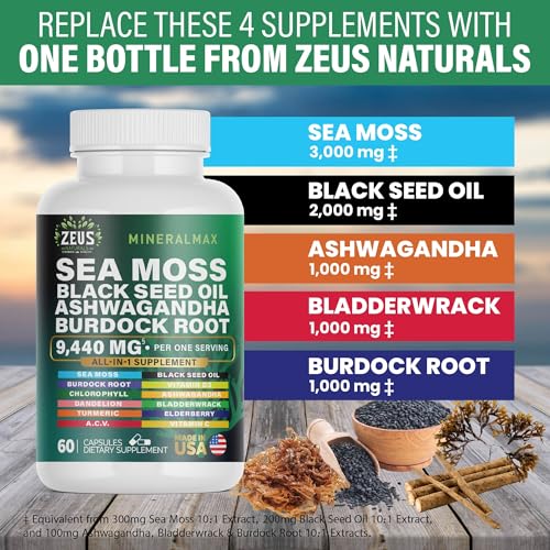 Sea Moss Capsules with Black Seed Oil, Burdock Root, Bladderwrack, Turmeric, Ashwagan Zeus Naturals