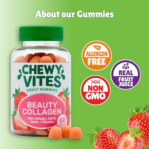 Chewy Vites Beauty Collagen 60 Gummy Vitamins |Hydrolised Collagen, CoQ10, Biotin + Vitamins | 1 Month Supply | Real Fruit Juice | Berry Flavour | 2-a-Day | CHEWY VITES