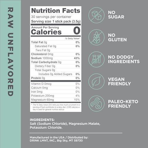 LMNT Zero-Sugar Electrolytes - Raw Unflavored Salt - Hydration Powder Packets Drink LMNT