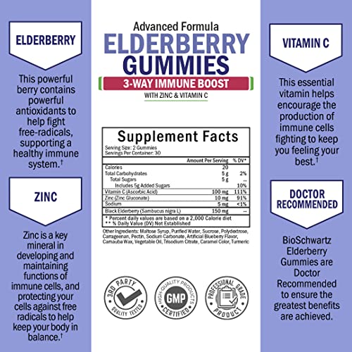 Elderberry Gummies with Zinc and Vitamin C for Adults & Kids - Natural Immune Support BioSchwartz