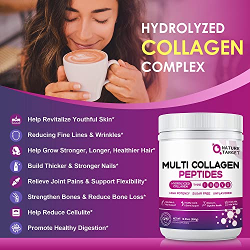 NATURE TARGET Multi Collagen Peptides Powder - Type I, II, III, V, X - Hydrolyzed Collagen NATURE TARGET