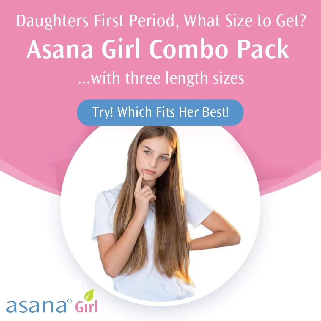 Asana Natural Teen Period Pads Combo Pack (Mini, Mini Long, Liner, and Women Reg - Chlorine Free Asana