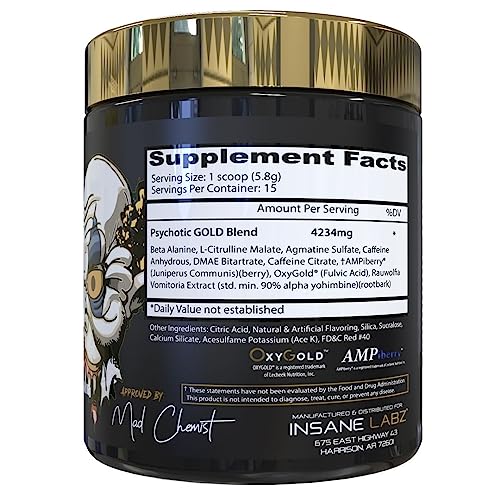 Insane Labz Psychotic Gold, High Stimulant Pre Workout Powder, Extreme Lasting Energy Insane Labz