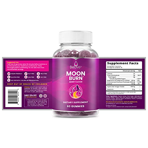BeLive MoonBurn Nighttime Melatonin Gummies - 60 Ct | Formulated with Apple Cider 