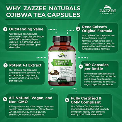 Zazzee Extra Strength Ojibwa Tea 500 mg, 180 Vegan Capsules, Rene Caisse's Original