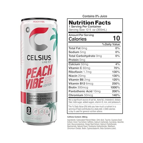 CELSIUS Sparkling Peach Vibe, Functional Essential Energy Drink 12 Fl Oz (Pack of 12) CELSIUS