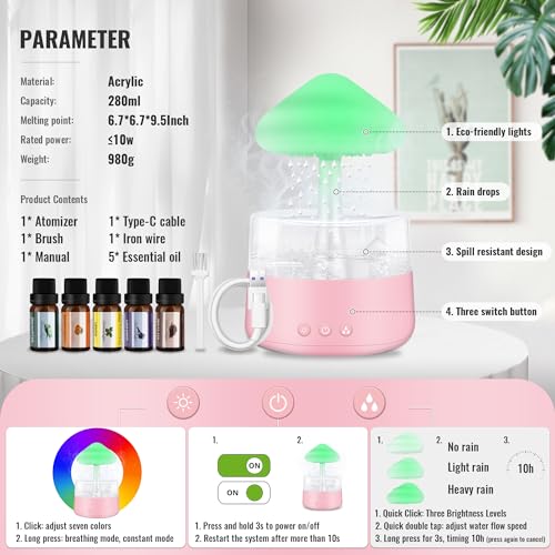 Rain Cloud Humidifier Water Drip with 5 Essential Oils, Cloud Diffuser with 7 Changing Colors Night Lights EvCZen
