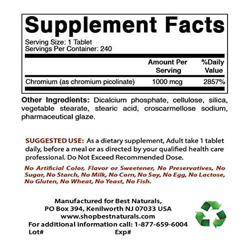 Best Naturals Chromium Picolinate 1000mcg 240 Tablets Best Naturals