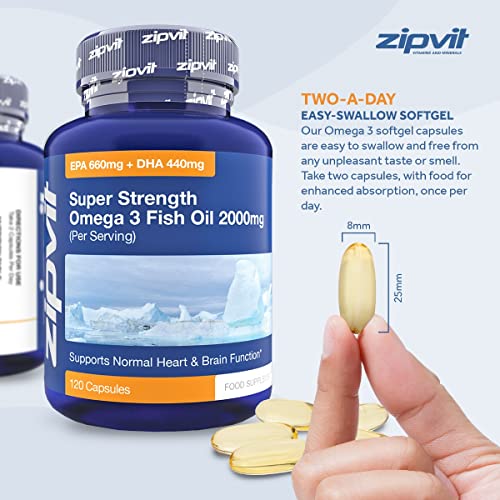 Omega 3 Fish Oil 2000mg, EPA 660mg DHA 440mg per Daily Serving. 120 Capsules Zipvit