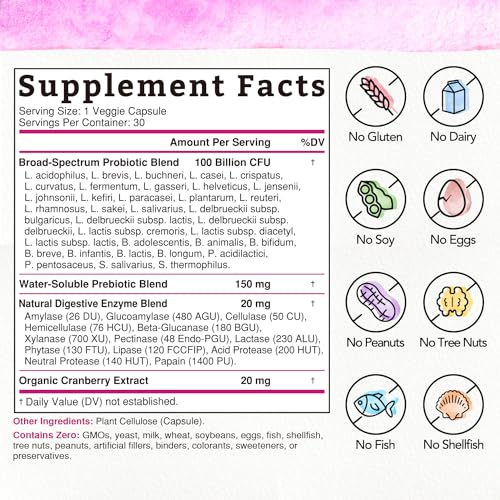 Bonawell Probiotics for Women 100B, with Organic Prebiotic, Cranberry for Feminine Health Bonawell