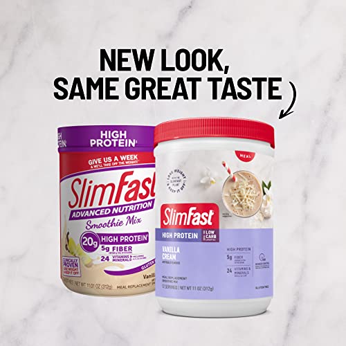 SlimFast Meal Replacement Smoothie Mix, 24 Servings, High Protein, Vanilla Cream, 20g SlimFast