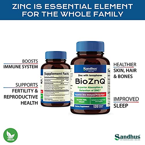 Sandhu's BioZnq 900mg Vegetarian Capsules Zinc Supplement with Quercetin Sandhu's