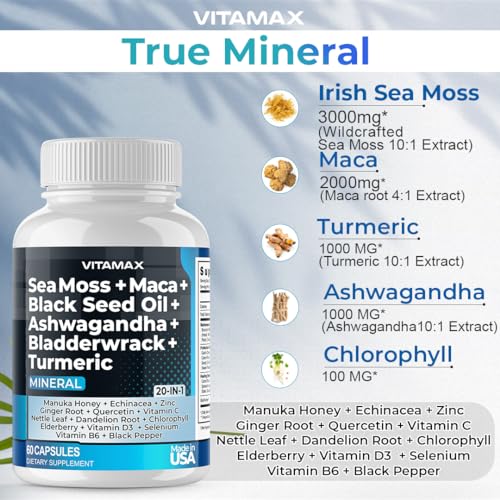 Sea Moss 3000mg Maca 1000mg Black Seed Oil 2000mg Ashwagandha 1000mg Bladderw Vitamax