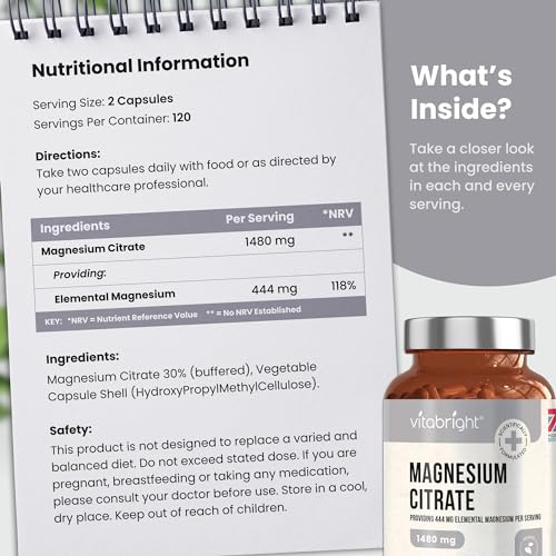 Magnesium Citrate - 1480mg High Strength - 240 Capsules (4 Month Supply) - Vegan VitaBright