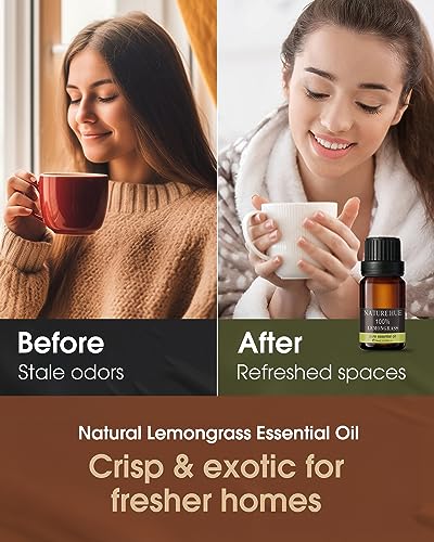 NATURE HUE Lemongrass Essential Oil - 10 mL (1/3 oz) - Pure, Natural, Therapeutic Grade NATURE HUE